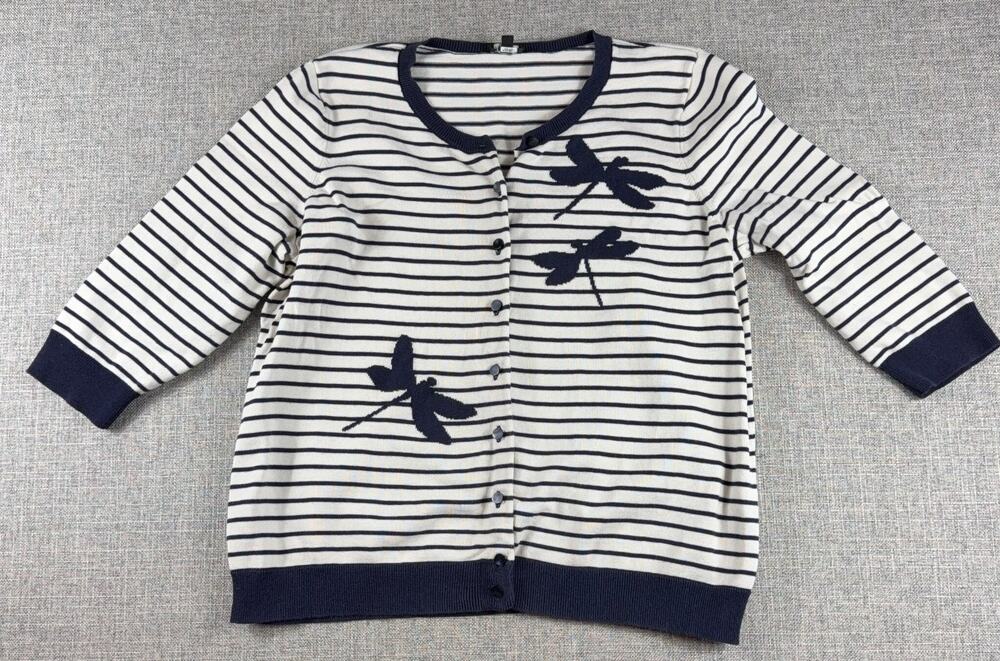 Talbots Woman Petites Cardigan 2XP Navy White Striped Dragonfly Knit Sweater
